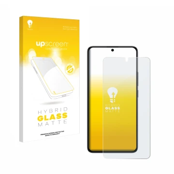 Parte frontal de un envase de producto con el logotipo de la marca upscreen. Al lado se muestra el dispositivo Xiaomi Redmi No