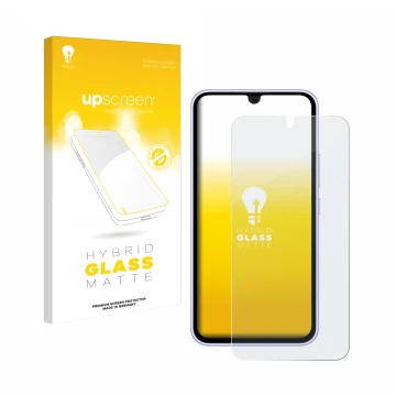 Parte frontal de un envase de producto con el logotipo de la marca upscreen. Al lado se muestra el dispositivo Samsung Galaxy 