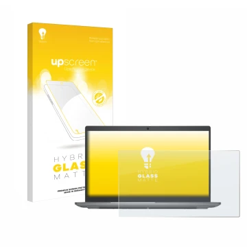 Parte frontal de un envase de producto con el logotipo de la marca upscreen. Al lado se muestra el dispositivo Dell Latitude 5