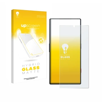 Parte frontal de un envase de producto con el logotipo de la marca upscreen. Al lado se muestra el dispositivo ZTE Nubia Red M