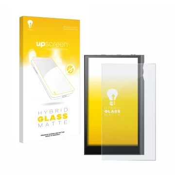 Parte frontal de un envase de producto con el logotipo de la marca upscreen. Al lado se muestra el dispositivo Astell&Kern Kan