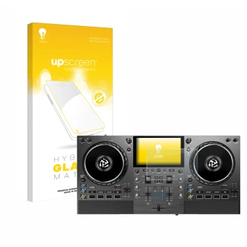 Parte frontal de un envase de producto con el logotipo de la marca upscreen. Al lado se muestra el dispositivo Numark Mixstrea