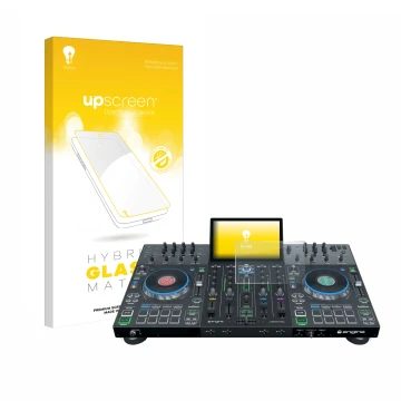 Parte frontal de un envase de producto con el logotipo de la marca upscreen. Al lado se muestra el dispositivo Denon DJ Prime 