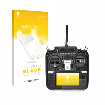 Parte frontal de un envase de producto con el logotipo de la marca upscreen. Al lado se muestra el dispositivo Radiomaster TX1