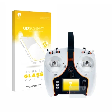 Parte frontal de un envase de producto con el logotipo de la marca upscreen. Al lado se muestra el dispositivo Spektrum NX7e c