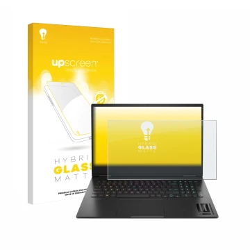 Parte frontal de un envase de producto con el logotipo de la marca upscreen. Al lado se muestra el dispositivo HP Omen 16 2024