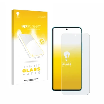 Parte frontal de un envase de producto con el logotipo de la marca upscreen. Al lado se muestra el dispositivo Honor X8A con s