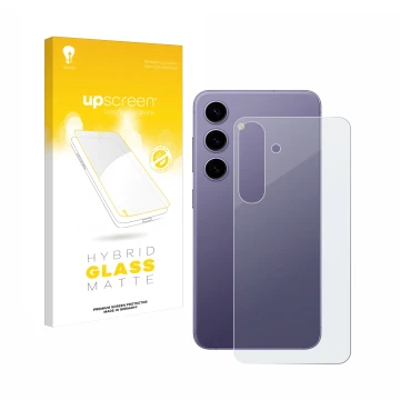 Parte frontal de un envase de producto con el logotipo de la marca upscreen. Al lado se muestra el dispositivo Samsung Galaxy 