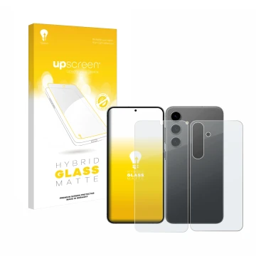 Parte frontal de un envase de producto con el logotipo de la marca upscreen. Al lado se muestra el dispositivo Samsung Galaxy 