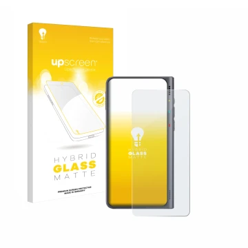 Parte frontal de un envase de producto con el logotipo de la marca upscreen. Al lado se muestra el dispositivo Timekettle Flue