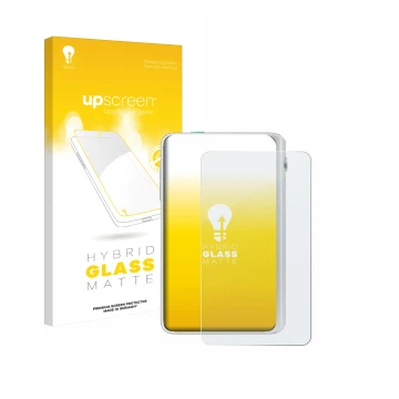 Parte frontal de un envase de producto con el logotipo de la marca upscreen. Al lado se muestra el dispositivo Timekettle Flue