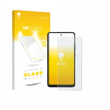 Parte frontal de un envase de producto con el logotipo de la marca upscreen. Al lado se muestra el dispositivo Motorola Moto G