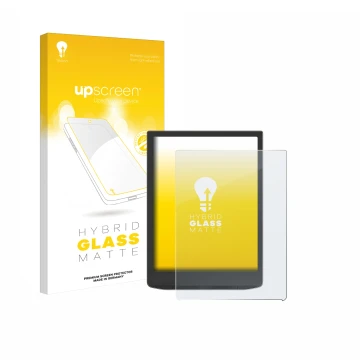 Parte frontal de un envase de producto con el logotipo de la marca upscreen. Al lado se muestra el dispositivo Vivlio InkPad 4