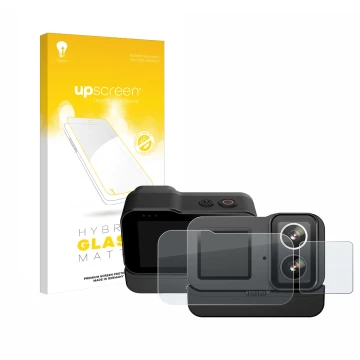 Parte frontal de un envase de producto con el logotipo de la marca upscreen. Al lado se muestra el dispositivo SJCAM SJ20 Dual