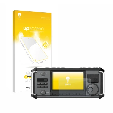 Parte frontal de un envase de producto con el logotipo de la marca upscreen. Al lado se muestra el dispositivo Xiegu X6200 con