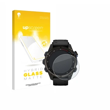 Parte frontal de un envase de producto con el logotipo de la marca upscreen. Al lado se muestra el dispositivo Garmin Descent 