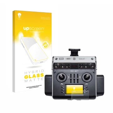 Parte frontal de un envase de producto con el logotipo de la marca upscreen. Al lado se muestra el dispositivo Graupner MC-32e