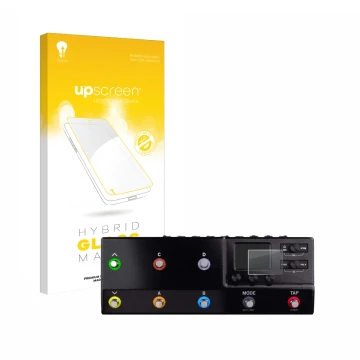 Parte frontal de un envase de producto con el logotipo de la marca upscreen. Al lado se muestra el dispositivo Line 6 hx stomp