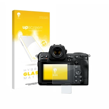 Parte frontal de un envase de producto con el logotipo de la marca upscreen. Al lado se muestra el dispositivo Nikon Z 8 (Pant