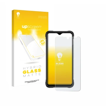 Parte frontal de un envase de producto con el logotipo de la marca upscreen. Al lado se muestra el dispositivo Umidigi Bison X