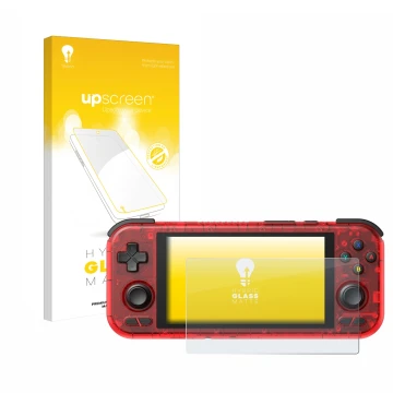 Parte frontal de un envase de producto con el logotipo de la marca upscreen. Al lado se muestra el dispositivo Retroid Pocket 