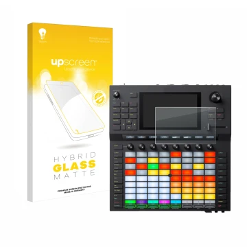 Parte frontal de un envase de producto con el logotipo de la marca upscreen. Al lado se muestra el dispositivo Akai Force con 