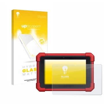 Parte frontal de un envase de producto con el logotipo de la marca upscreen. Al lado se muestra el dispositivo Launch MOT IV (