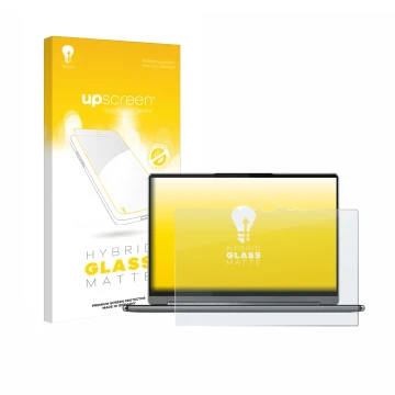 Parte frontal de un envase de producto con el logotipo de la marca upscreen. Al lado se muestra el dispositivo Lenovo Yoga 9i 