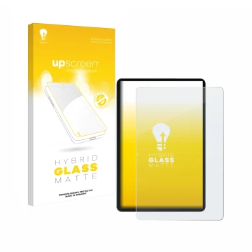 Parte frontal de un envase de producto con el logotipo de la marca upscreen. Al lado se muestra el dispositivo Honor Pad 9 con