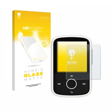 Parte frontal de un envase de producto con el logotipo de la marca upscreen. Al lado se muestra el dispositivo Majority MP3 16