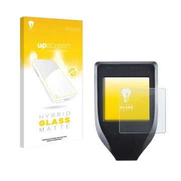 Parte frontal de un envase de producto con el logotipo de la marca upscreen. Al lado se muestra el dispositivo Trezor Model T 