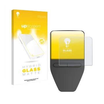 Parte frontal de un envase de producto con el logotipo de la marca upscreen. Al lado se muestra el dispositivo Trezor Safe 3 c