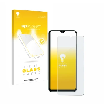 Parte frontal de un envase de producto con el logotipo de la marca upscreen. Al lado se muestra el dispositivo Xiaomi Redmi A3