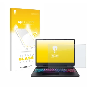 Parte frontal de un envase de producto con el logotipo de la marca upscreen. Al lado se muestra el dispositivo Acer Predator H