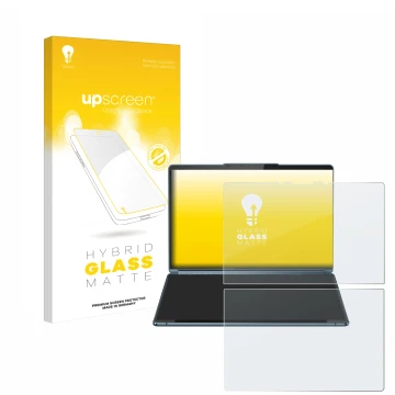 Parte frontal de un envase de producto con el logotipo de la marca upscreen. Al lado se muestra el dispositivo Lenovo Yoga Boo