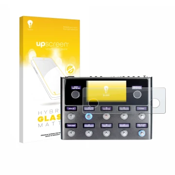 Parte frontal de un envase de producto con el logotipo de la marca upscreen. Al lado se muestra el dispositivo Fender Tone Mas