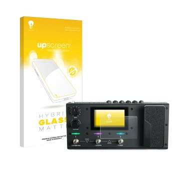 Parte frontal de un envase de producto con el logotipo de la marca upscreen. Al lado se muestra el dispositivo Headrush MX5 co