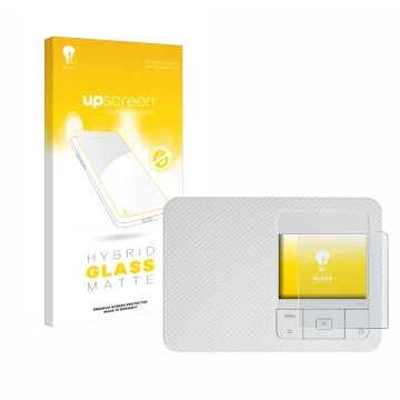 Parte frontal de un envase de producto con el logotipo de la marca upscreen. Al lado se muestra el dispositivo Canon Selphy CP