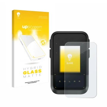 Parte frontal de un envase de producto con el logotipo de la marca upscreen. Al lado se muestra el dispositivo Garmin eTrex So
