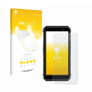 Parte frontal de un envase de producto con el logotipo de la marca upscreen. Al lado se muestra el dispositivo Ulefone Power A