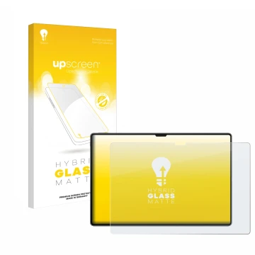 Parte frontal de un envase de producto con el logotipo de la marca upscreen. Al lado se muestra el dispositivo Huawei MatePad 