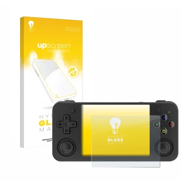 Parte frontal de un envase de producto con el logotipo de la marca upscreen. Al lado se muestra el dispositivo Anbernic RG35XX