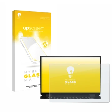 Parte frontal de un envase de producto con el logotipo de la marca upscreen. Al lado se muestra el dispositivo HP Spectre x360