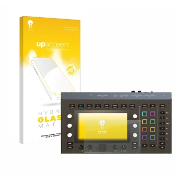 Parte frontal de un envase de producto con el logotipo de la marca upscreen. Al lado se muestra el dispositivo Waldorf Iridium