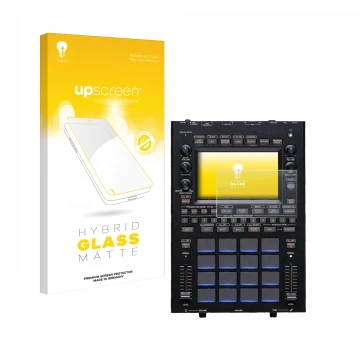Parte frontal de un envase de producto con el logotipo de la marca upscreen. Al lado se muestra el dispositivo KORG KAOSS Repl