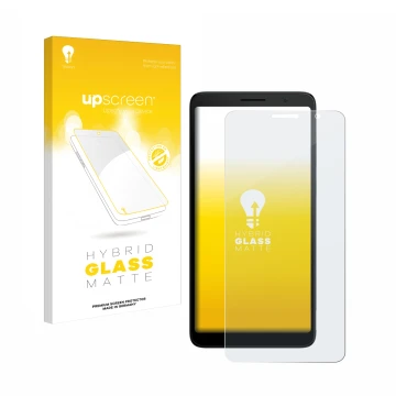 Parte frontal de un envase de producto con el logotipo de la marca upscreen. Al lado se muestra el dispositivo TCL 501 con su 