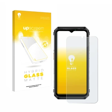 Parte frontal de un envase de producto con el logotipo de la marca upscreen. Al lado se muestra el dispositivo Ulefone Power A