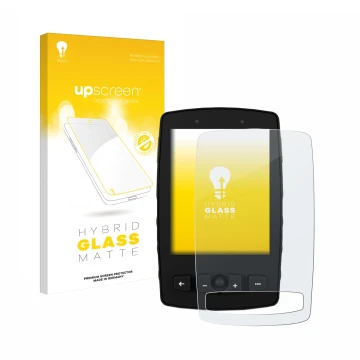 Parte frontal de un envase de producto con el logotipo de la marca upscreen. Al lado se muestra el dispositivo TwoNav Aventura