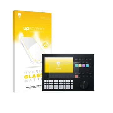 Parte frontal de un envase de producto con el logotipo de la marca upscreen. Al lado se muestra el dispositivo Polyend Tracker