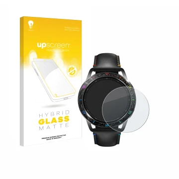 Parte frontal de un envase de producto con el logotipo de la marca upscreen. Al lado se muestra el dispositivo Xiaomi Watch S3